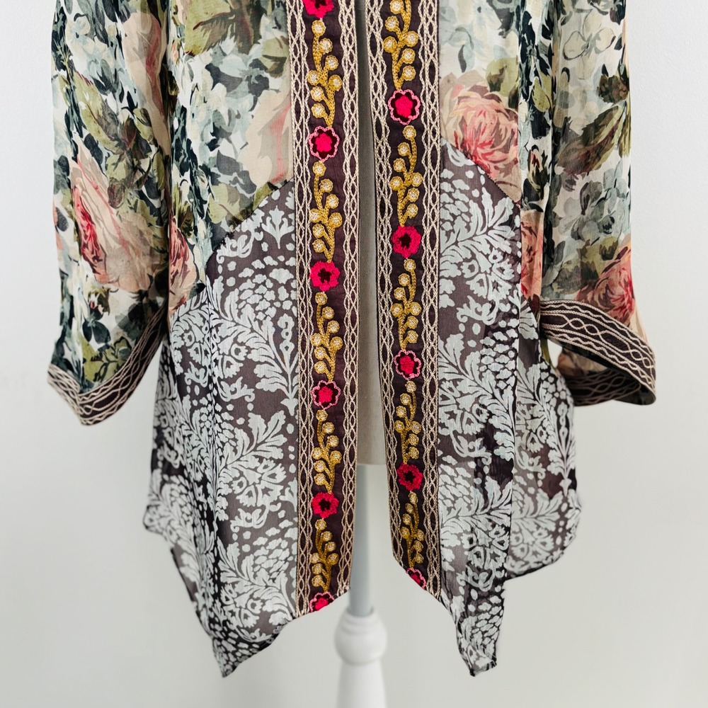Soft Surroundings Kimono Womens XS Open Cardigan Semi Sheer Floral Embroidered - Picture 4 of 10